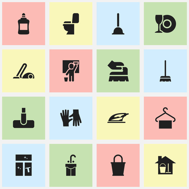 Set Of 16 Editable Cleaning Icons. Includes Symbols Such As Plate, Washing Glass, Gauntlet And More. Can Be Used For Web, Mobile, UI And Infographic Design. - Vector, Image