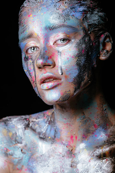 woman with colorful paint brushstroken  - Zdjęcie, obraz