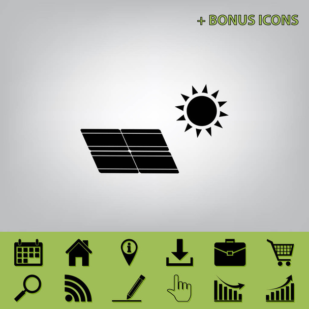 太陽エネルギーのパネル。エコ トレンド コンセプト サイン。ベクトル。セロリのものでボーナス アイコンと灰色の背景に黒のアイコン - ベクター画像