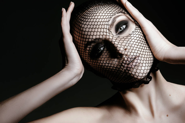 fashion woman with black veil - 写真・画像