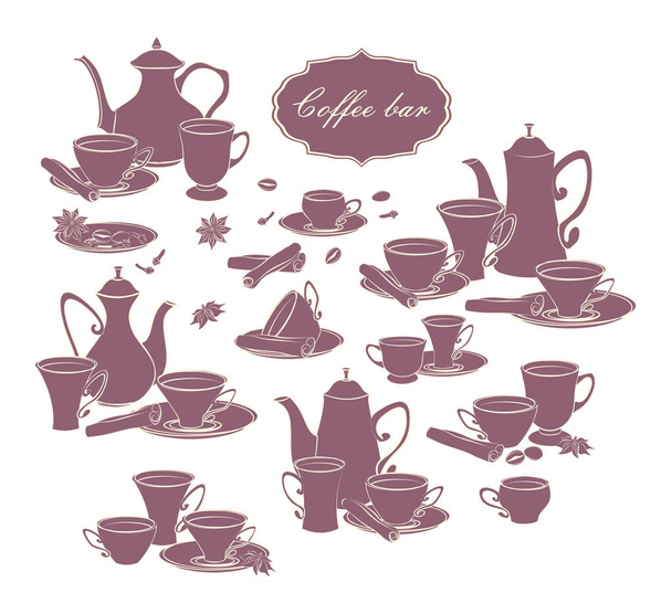 Set of vector elements of coffee pots, cups and spices. - Vector, Image