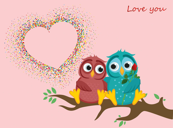 pair of owls in love. Vector. Colorful confetti in the form of hearts - Vektor, kép