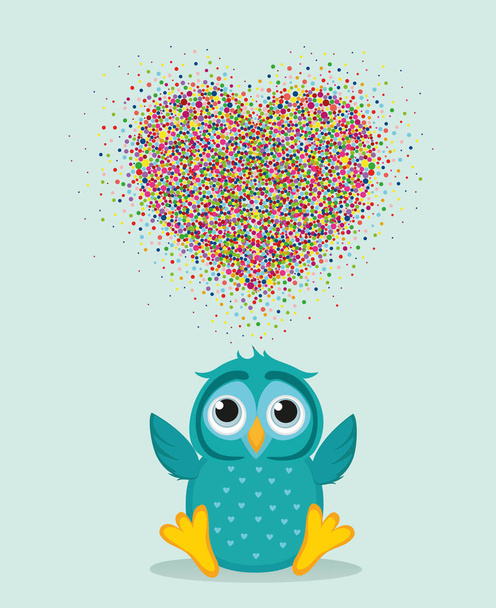 A happy owl throws a multicolored confetti in the shape of a hearts - Вектор, зображення