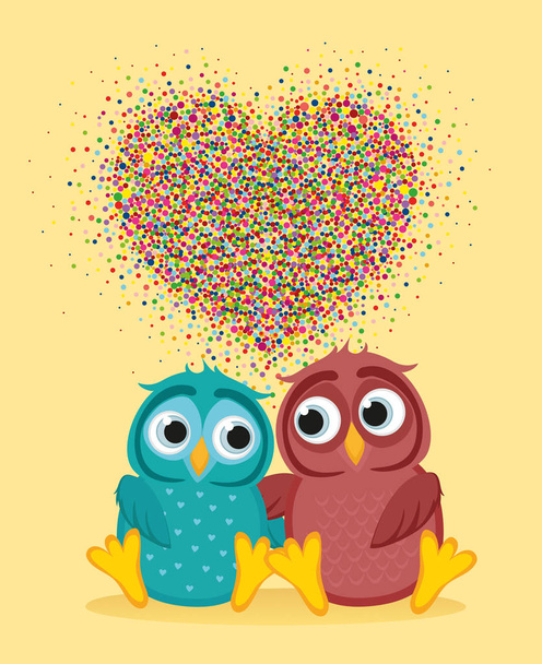 pair of  owls in love. Vector. Colorful confetti in the form hearts - Вектор, зображення