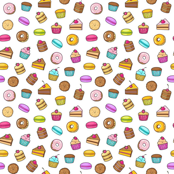 Kawaii nahtloser Hintergrund auf weißem Hintergrund aus Süß- und Dessert-Doodle, Kuchen, süßem Donat, Keksen und Macaron - Vektor, Bild