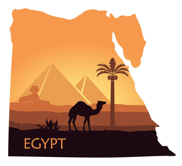 Пейзаж Египта с верблюдом, пирамиды и Сфинкс в виде карт
 - Вектор,изображение