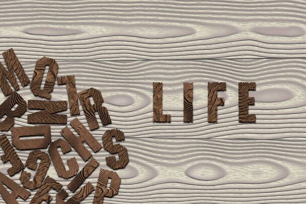 "ζωή "γραμμένη με ξύλινα γράμματα στο φόντο της πλακέτας ξύλου με διαφορετικά γράμματα που βρίσκονται στην αριστερή κάτω γωνία - Φωτογραφία, εικόνα