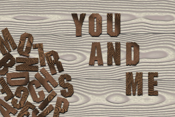 "Εσείς και εγώ "γραμμένο με ξύλινα γράμματα στο φόντο του σκάφους ξύλου με διαφορετικά γράμματα που βρίσκονται στην αριστερή κάτω γωνία - Φωτογραφία, εικόνα