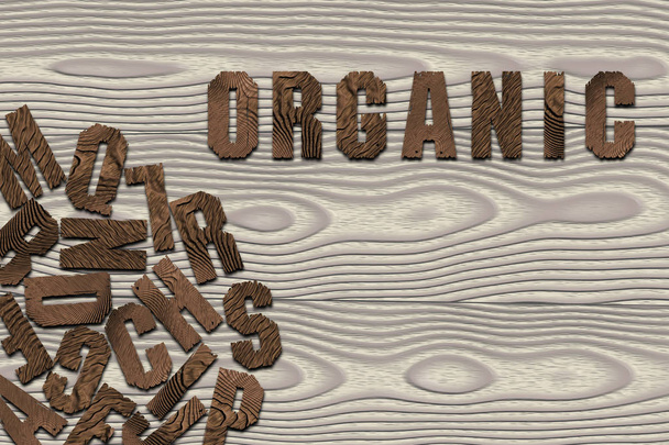 "οργανικό "γραμμένο από ξύλινα γράμματα στο φόντο της πλακέτας ξύλου με διαφορετικά γράμματα που βρίσκονται στην αριστερή κάτω γωνία - Φωτογραφία, εικόνα