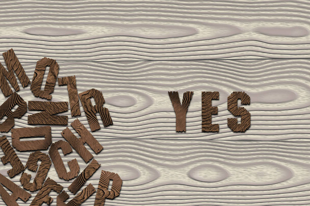 "「はい」は、左下隅に重なった異なる文字と木製のボードの背景に木製の文字で書かれました - 写真・画像