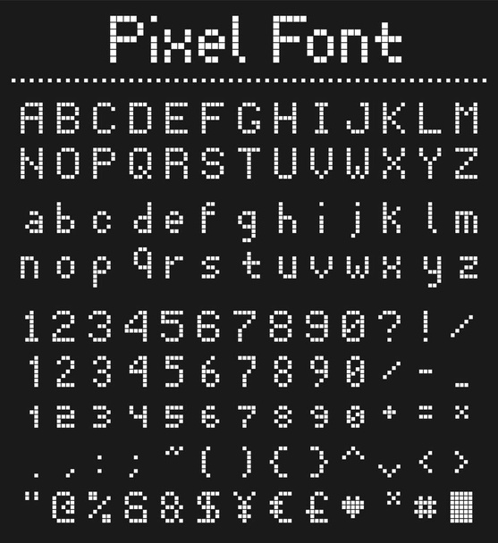 正方形のピクセル フォント、レトロなスタイルのゲームのアルファベット - ベクター画像