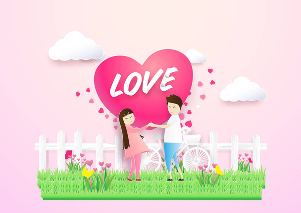 Ευτυχισμένο ζευγάρι στην αγάπη καρδιά σχήμα σε ένα πεδίο με χαριτωμένα λουλούδια. P - Διάνυσμα, εικόνα