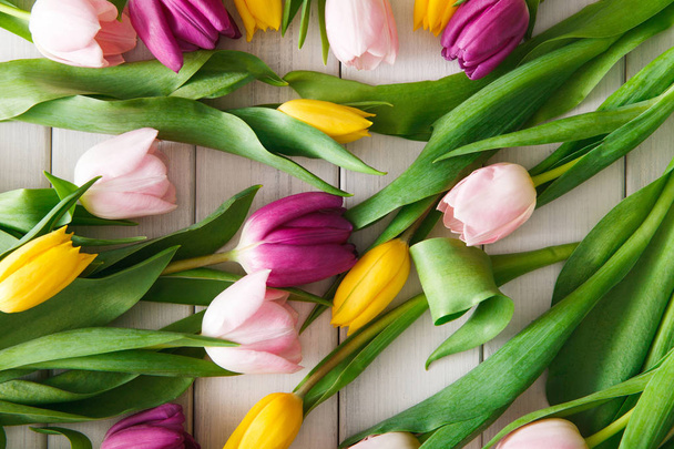 Bright tulips scattered on white wood background - Photo, Image