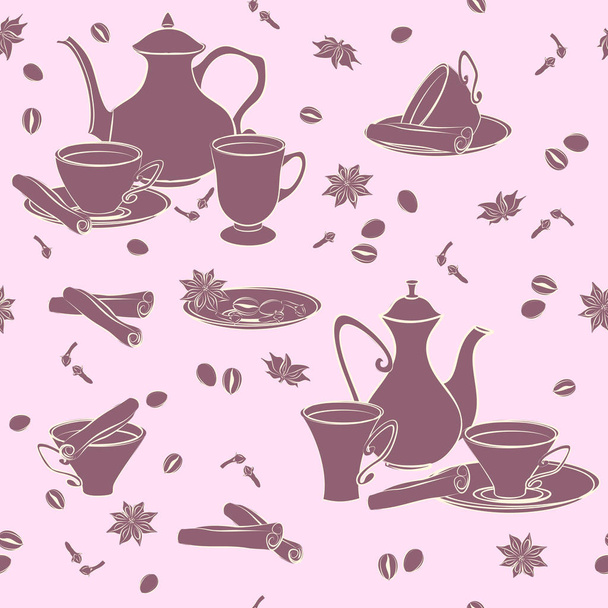 Vector seamless pattern with coffee pot, cups and Oriental spices. - Vector, Image
