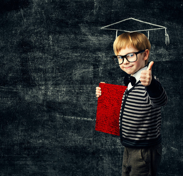 School Child Education Book, Kid in Glasses with Certificate, Graduation Hat on Blackboard Background, Thumbs Up - Photo, image