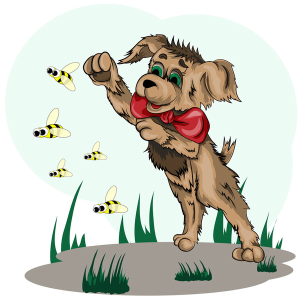 Маленький щенок играет с пчёлами на лужайке
 - Вектор,изображение
