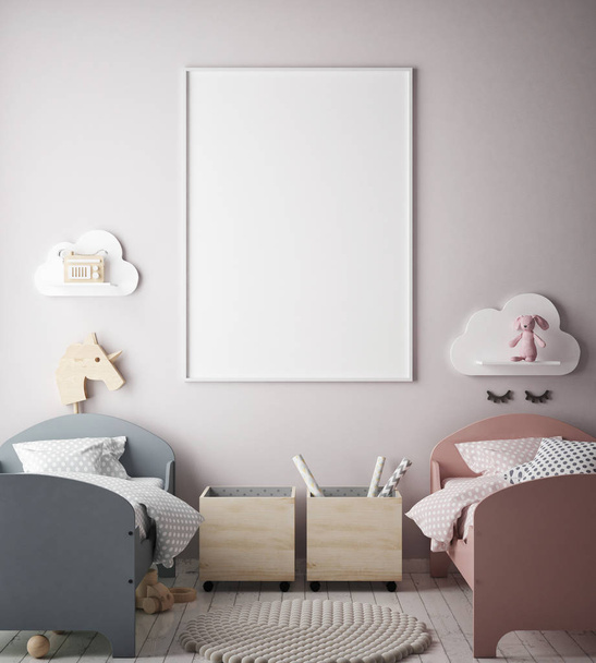 marco del cartel de la maqueta en el dormitorio de los niños, fondo interior de estilo escandinavo, 3D render
 - Foto, imagen