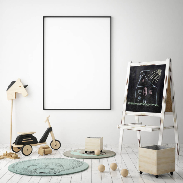 mintája fel plakát keret a gyermekek hálószoba, skandináv stílusú belső háttér, 3d render - Fotó, kép