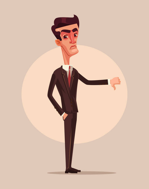 Angry unhappy businessman office worker consumer showing thumbs down. Dislike sign. Vector flat cartoon illustration - Vettoriali, immagini