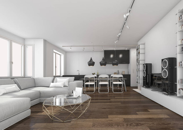 3D vykreslování skandinávské obývacího pokoje a kuchyně - Fotografie, Obrázek