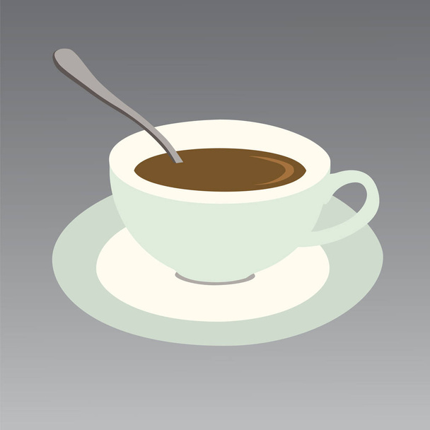 Vector illustration of a chocolate cup with saucer and spoon isolated on a gray background - Vecteur, image