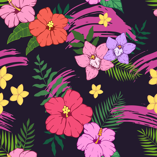 Seamless pattern with tropical leaves and flowers - Vector, afbeelding