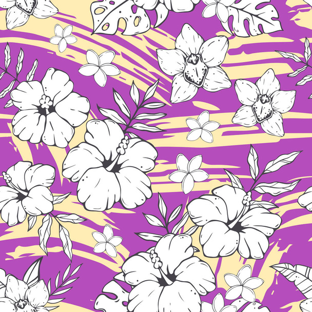 Seamless pattern with doodles and sketches of tropical leaves and flowers. - Vetor, Imagem