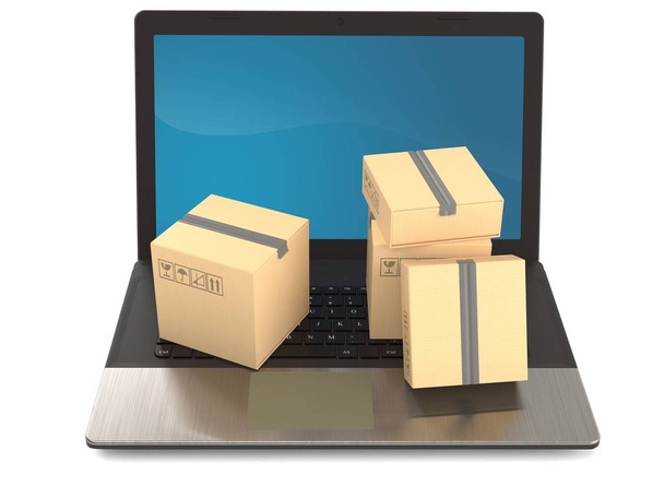 Laptop with stack of packages - Photo, Image