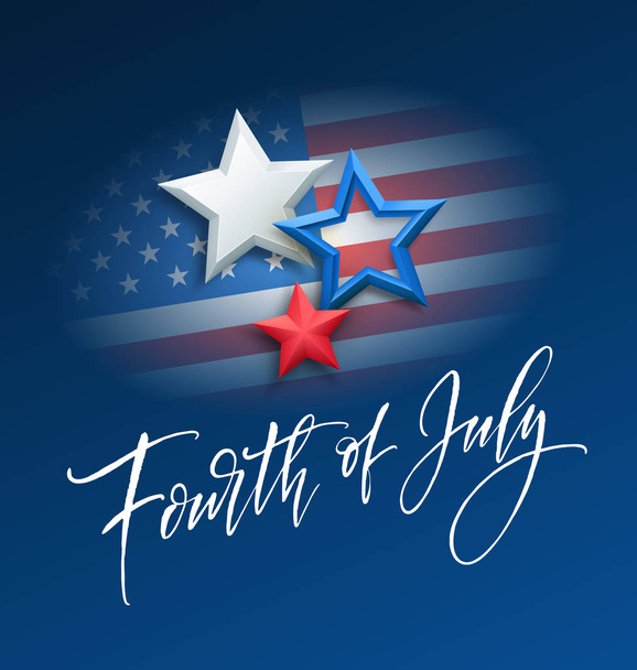 Fourth of July celebration banner, greeting card design. Happy independence day of United States of America hand lettering. USA freedom background. Vector illustration - Vector, Image