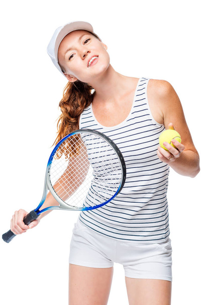 femme réussie dans le tennis pose sur un fond blanc
  - Photo, image
