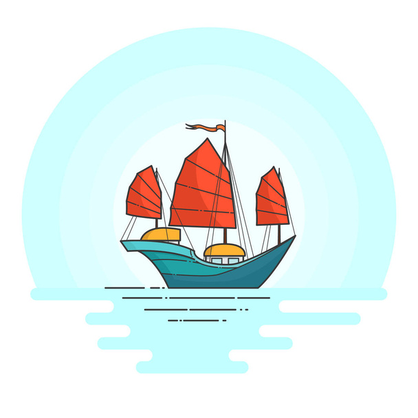 Farbschiff mit roten Segeln im Meer. Segelboot auf den Wellen für Reise, Tourismus, Reisebüro, Hotels, Urlaubskarte, Banner. - Vektor, Bild