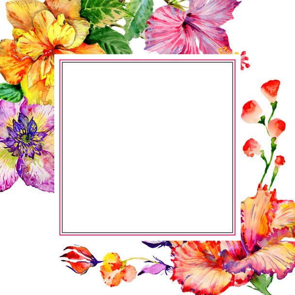 Wildflower hibiscus flower frame in a watercolor style isolated. - Foto, Imagem