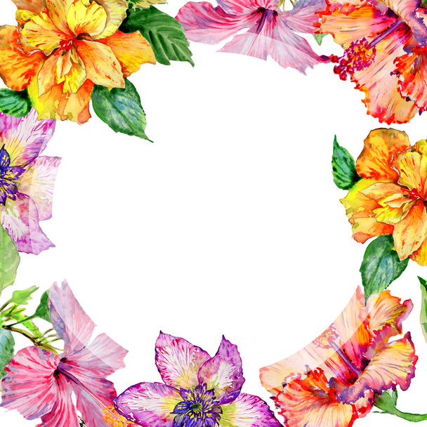 Wildflower hibiscus flower frame in a watercolor style isolated. - 写真・画像