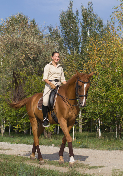 Beautiful smiling women riding a brown horse through woodland - Photo, Image
