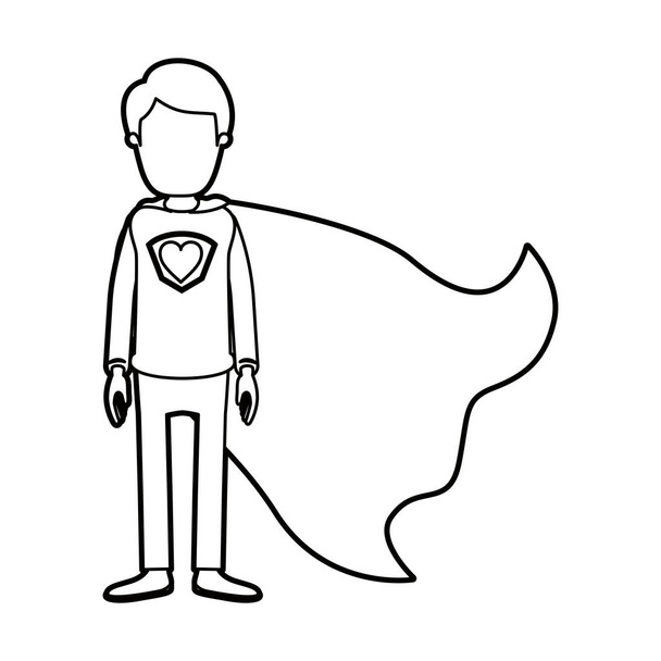 karykatura bohatera super facet gruby kontur twarzy całego ciała z serce symbol w mundurze - Wektor, obraz