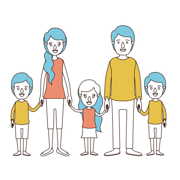 sezioni di colore caricatura e capelli blu della famiglia con i giovani genitori e bambini piccoli prese le mani
 - Vettoriali, immagini