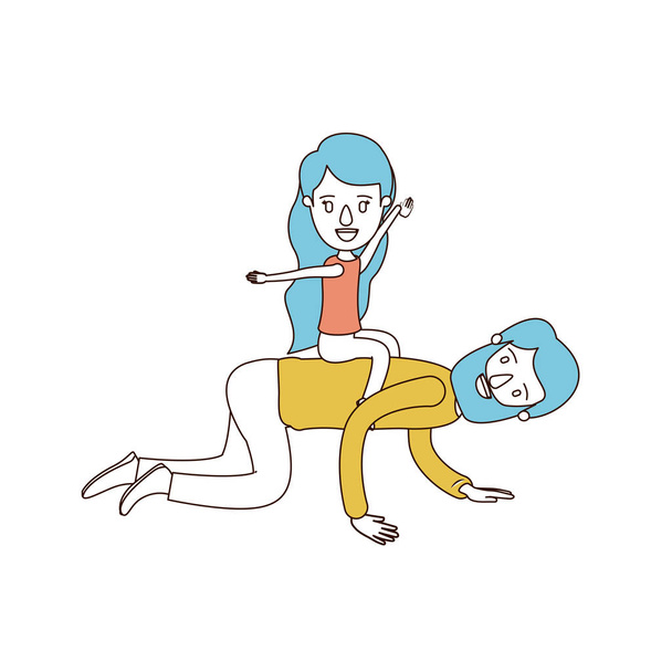karikatúra színes szakaszok és kék haj szakállas apa lány játszik a ló hátán - Vektor, kép