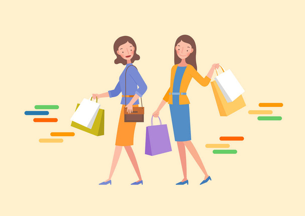 Two women are holding a shopping bag. - Vector, Image