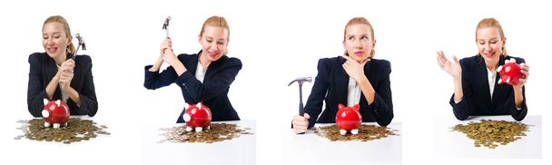 Woman breaking piggy bank for savings - Foto, Bild