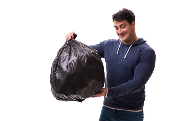 Man with garbage sack isolated on white - Фото, зображення