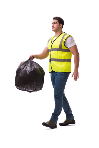 Hombre con saco de basura aislado en blanco
 - Foto, Imagen