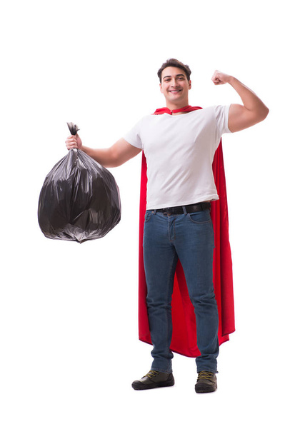 Superhéroe hombre con saco de basura aislado en blanco
 - Foto, Imagen