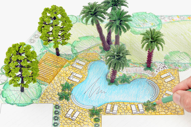 Projeto de arquiteto paisagista plano de quintal para villa
 - Foto, Imagem