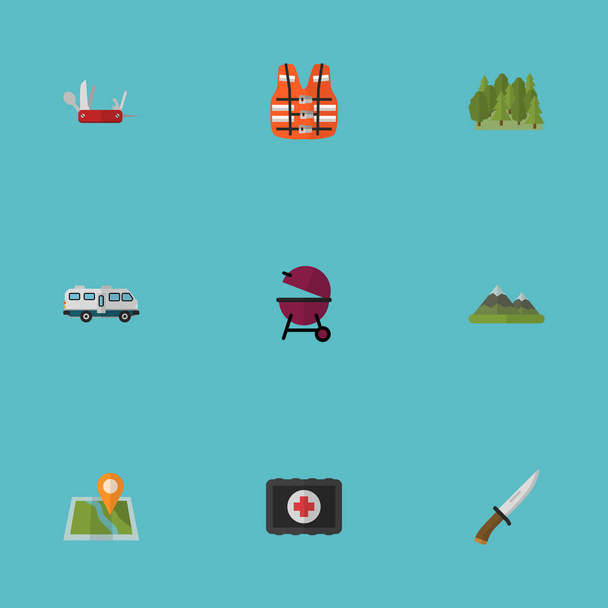 Flat Barbecue, Hill, Wood And Other Vector Elements. Set Of Camping Flat Symbols Also Includes Mount, Knife, Map Objects. - Vector, Image