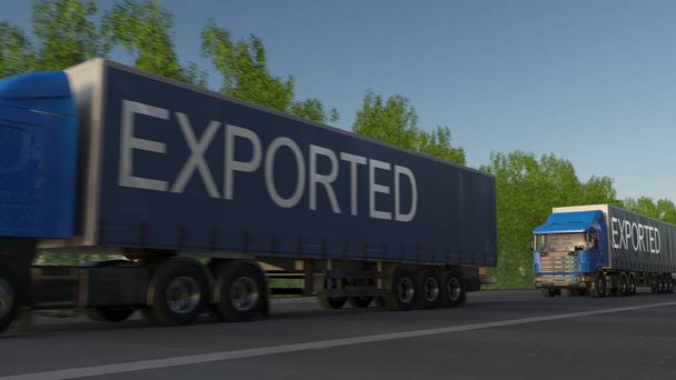 Pędzącego towarowego ciężarówki naczepy eksportowanych podpis na przyczepie. Transport drogowy ładunków. renderowania 3D - Zdjęcie, obraz