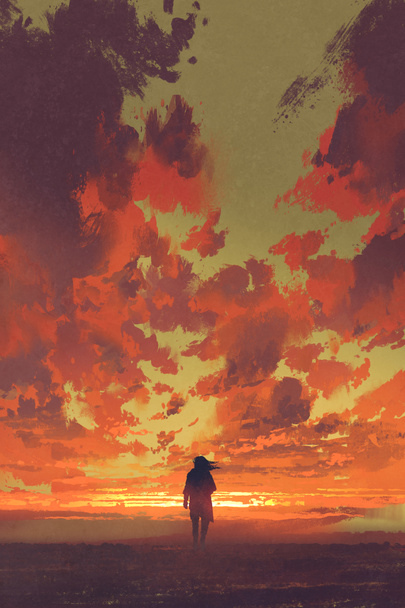 homem solitário olhando para o céu ardente pôr do sol
 - Foto, Imagem
