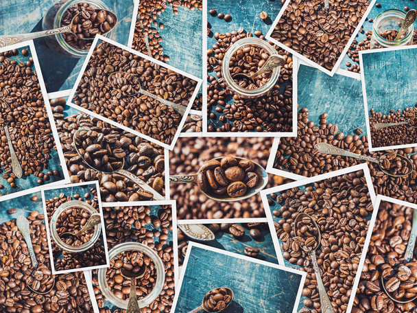Collage von Kaffee. Eine Menge Bilder. Selektiver Fokus. - Foto, Bild