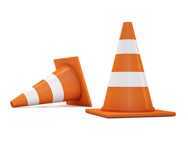 Orange road cones with stripes. 3D rendering - Fotoğraf, Görsel