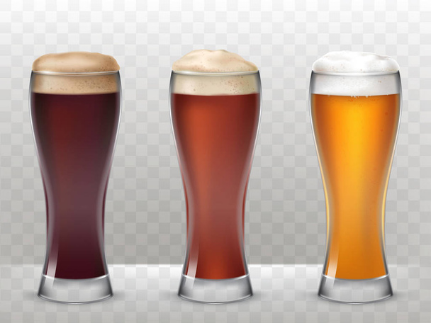 Vektorové ilustrace tři vysoké sklenice s jiné pivo izolovaných na průhledném pozadí - Vektor, obrázek