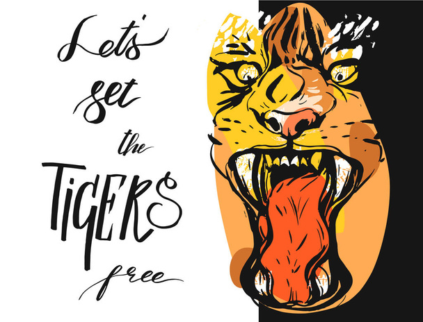 Handgetekende vector abstracte grafische tekening van woede tijger gezicht in oranje kleuren geïsoleerd op witte achtergrond met handgeschreven kalligrafie citaat Laten we de tijgers vrij - Vector, afbeelding